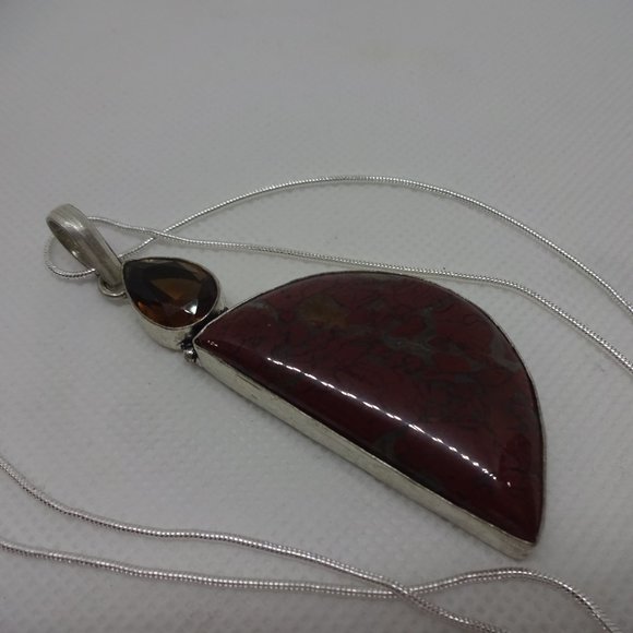 Natural "POPPY JASPER & SMOKEY TOPAZ" Handmade Sterling Pendant/Chain #865 - Picture 3 of 3